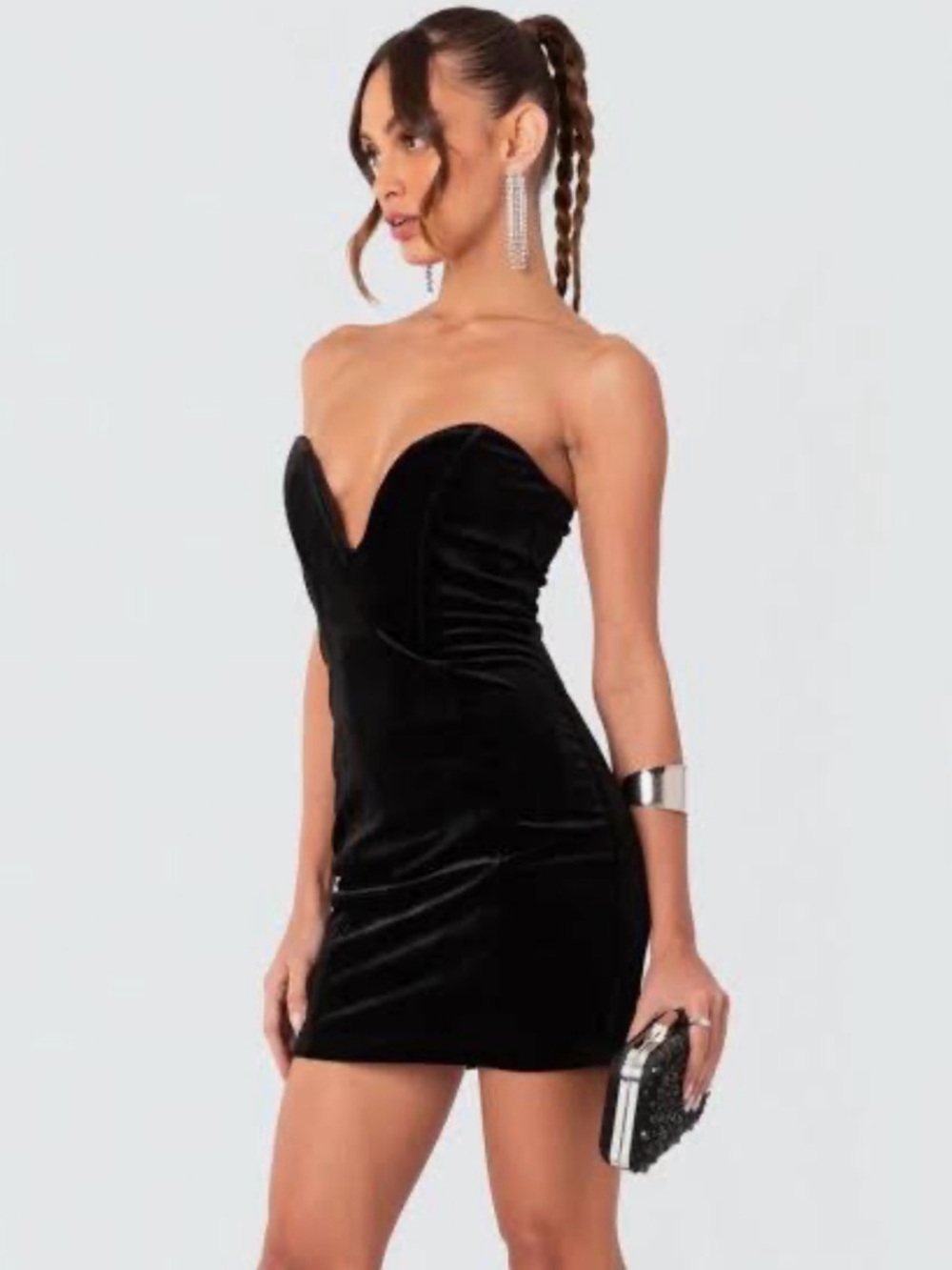Edikted Black Strapless Velvet Mini Dress